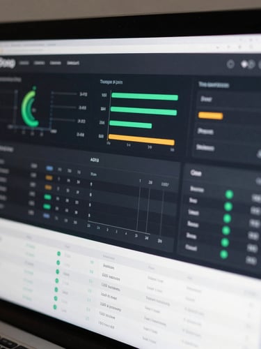 A crisp UI mockup of an operational dashboard on a dark screen, showcasing clean data pipelines, green and amber metrics, and structural tables.