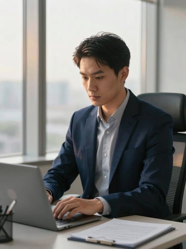 Focused professional working in a clean corporate workspace, golden-hour window light, deep navy tones, professional corporate photography