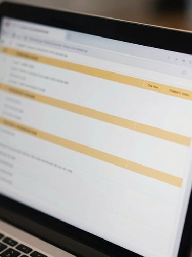Close-up of a high-resolution dark screen displaying clean database sheets with gold highlights, shallow depth of field, professional corporate photography