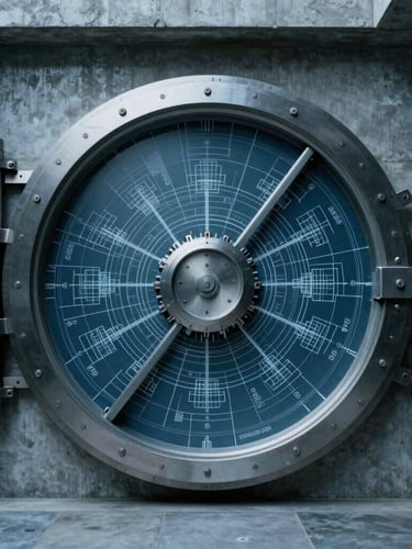 Abstract quantum physics diagram overlaid with blueprints of a secure vault, cold blue and slate tones, sharp focus on intricate details.