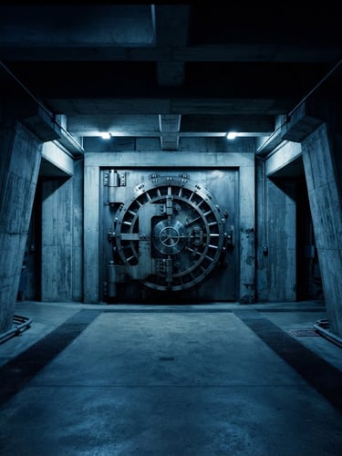 Wide panoramic of a brutalist concrete vault entrance, heavy steel door, low-key blue lighting, sharp shadows, symmetrical composition, 35mm