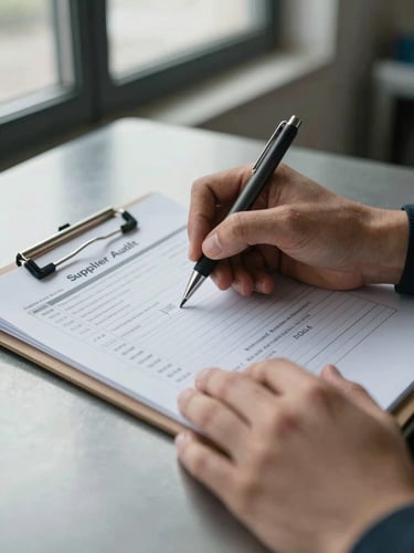 Close-up of hands annotating a printed supplier audit form on a clipboard under cool window light, pen marking sections, partially visible compliance checklist with handwritten notes, steel desk surface, industrial background softly out of focus