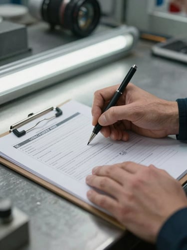 Close-up of hands annotating a printed compliance audit form on a metal factory-floor workstation, cool fluorescent overhead light, a clipboard with layered documents visible in the lower frame, industrial background softly out of focus