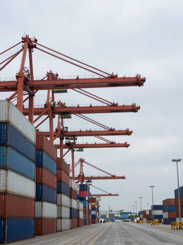 Wide panoramic view of a major shipping and logistics yard from elevated angle, left third dominated by stacked containers and gantry cranes, right side open sky and horizon, cool overcast daylight, industrial scale visible