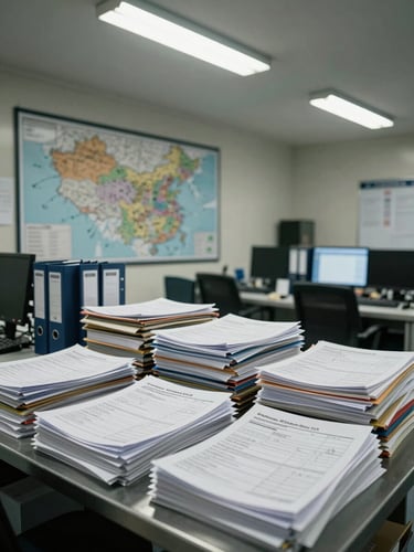 Wide-angle view of a busy logistics coordination room, overhead fluorescent lighting, stacked shipping manifests and compliance binders on a steel desk, a large wall-mounted regional map with annotations visible in background, cool working-environment light