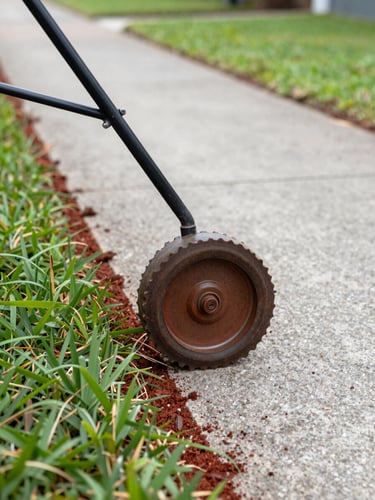 Close-up documentary shot of a mower wheel and blade edging along a concrete path on a Darwin residential property, red soil visible, freshly cut tropical grass border, natural humid daylight
