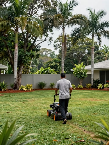 Wide shot from behind, a lawn mowing crew member pushing a commercial mower across a large Darwin residential yard, tropical native trees lining the fence, red earth visible at the garden border, natural hazy daylight, humid wet-season atmosphere