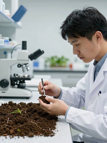 Professional agronomist in a clean laboratory setting, examining soil samples with scientific equipment, bright laboratory lighting, sharp focus on precision tools.