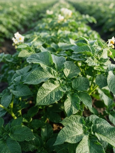Professional agricultural photography, close-up of vibrant green potato crop leaves in a structured field, crisp morning daylight, sharp focus, 35mm