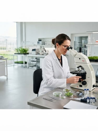 Agronomist in a modern agricultural laboratory, examining plant tissue under a microscope, with clean, bright lighting. A wide panoramic view with ample negative space to the left.