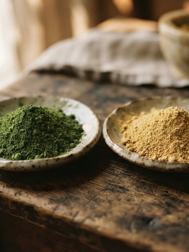 Earthy macro shot of raw green moringa and golden amla powders in simple textured ceramic plates, warm soft side-lighting, 35mm photography