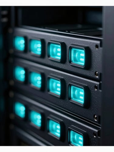 Macro close-up of a dark server rack with glowing neon cyan indicator lights, sleek technical photography, depth of field