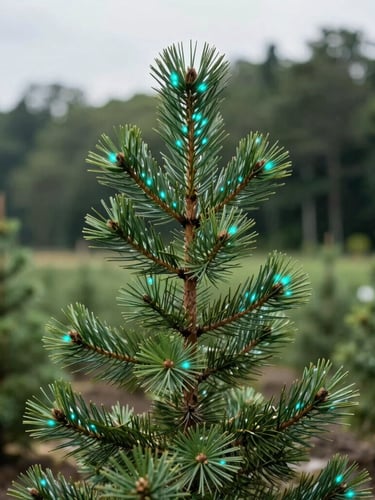 Tight macro shot of a young pine sapling in a structured nursery, crisp overcast daylight, deep forest green background, sharp focus, 35mm