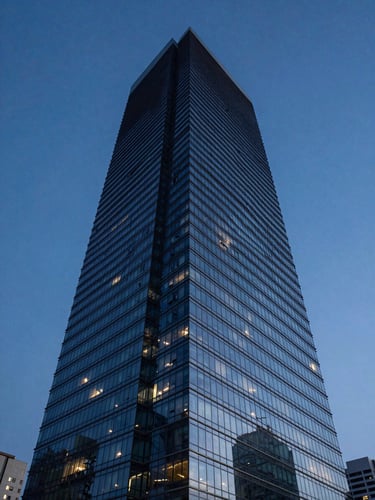 Low-angle dramatic twilight shot of a modern, ultra-luxury glass skyscraper in Balneário Camboriú, sharp geometric lines reflecting the deep blue ocean sky, architectural precision.