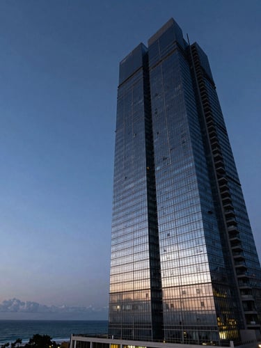 Low-angle dramatic twilight shot of a modern glass skyscraper in Balneário Camboriú, crisp architectural lines reflecting the blue hour sky, deep ocean horizon in the background, negative space on the left