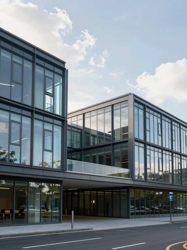 Wide-angle architectural shot of a modern glass and steel community hub during bright daylight, clean lines, reflection of sky