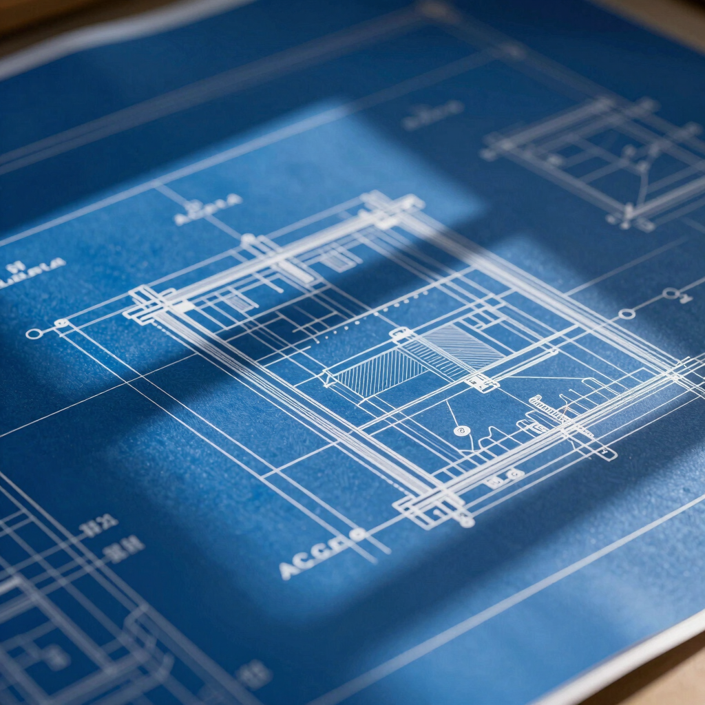 Crisp architectural blueprint detail with clean white lines on a deep blue background, high-contrast daylight casting sharp shadows across the technical drawings.