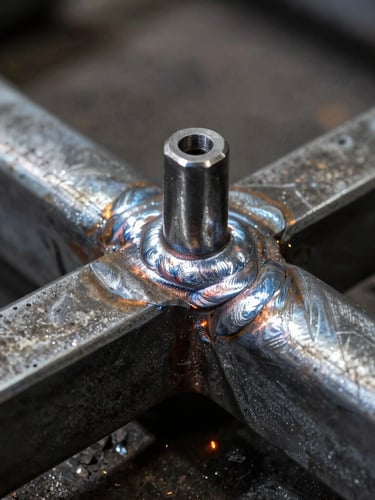 Macro close-up of a clean structural weld bead on raw steel, high-contrast industrial workshop light, dramatic shadows, gritty industrial photography