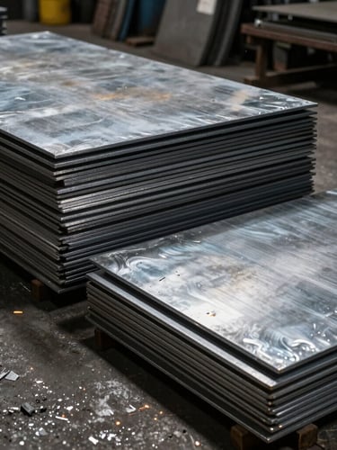 Stacks of raw heavy-gauge steel plates and aluminum sheets on the concrete floor of a workshop, dramatic industrial side-lighting, raw metallic textures