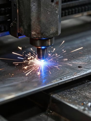 Macro close-up of a fiber laser cutter nozzle emitting blue-white sparks as it slices through heavy-gauge steel sheet, high-contrast industrial lighting, raw metallic textures