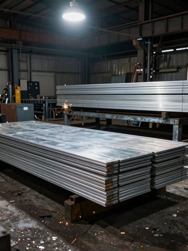 Wide-angle environmental shot of a gritty industrial workshop floor in Trichy, stacks of raw steel plates and aluminum sheets arranged on heavy steel racks, dramatic overhead industrial lighting, raw metal textures.