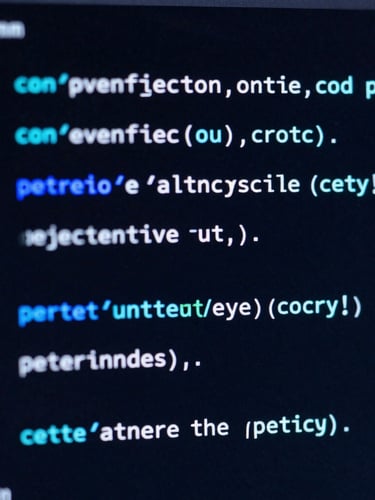 Macro shot of clean code on a dark screen with neon blue and cyan glow, high-contrast studio lighting, sharp focus, 35mm