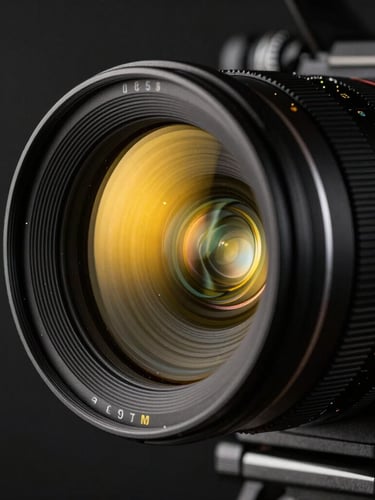 Extreme close-up of a premium cinema camera lens, sharp reflections of neon yellow studio lights, dark moody background, raw industrial texture