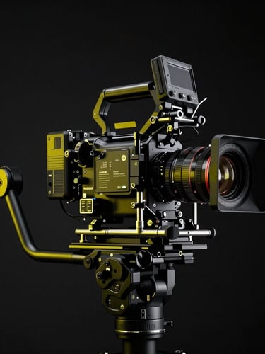 Low-angle heroic shot of a professional cinema camera rig on a stabilizer, high-contrast hard lighting, dark shadows, sharp focus, neon yellow backlights, 35mm lens.