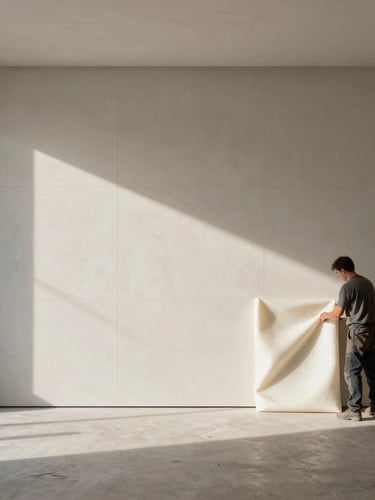 Wide panoramic shot of a minimalist room with a feature wall of 3D plaster panels, strong side lighting casting deep shadows, a worker carefully placing a protective foam layer over a panel for shipping, architectural photography, 50mm, editorial.
