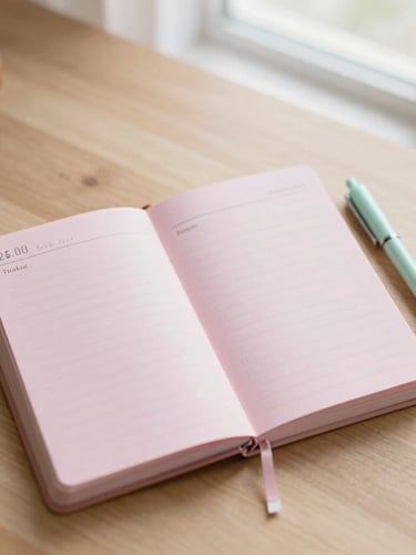 Overhead flatlay of a pastel-pink undated planner open on a light oak desk, a soft mint-green gel pen resting beside it, illuminated by gentle morning window light, shallow depth of field, 35mm
