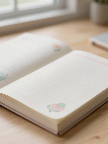 Close-up macro shot of a decorated pastel planner page on a light wood desk, soft morning window light, shallow depth of field, 35mm