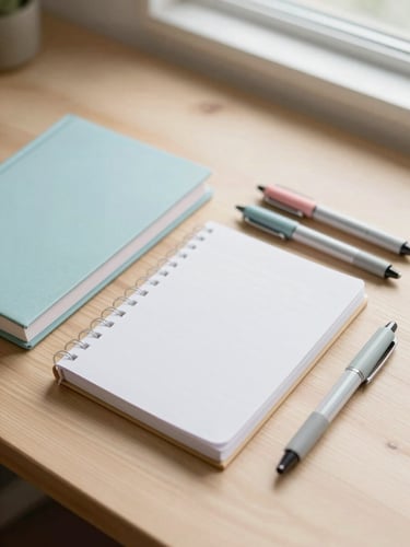 Overhead flatlay of pastel notebooks and fine-point gel pens arranged neatly on a light wood desk under soft morning window light, shallow depth of field