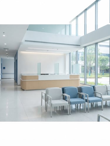 Bright high-key commercial photography of a pristine, empty medical clinic lobby, crisp clean daylight, clinical blue and white tones, sharp focus, 35mm