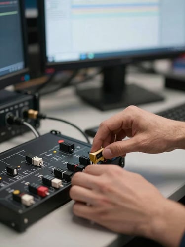 Close-up of hands adjusting broadcast equipment cables on a studio desk, monitor glow visible in background, cool neutral ambient light, no people's faces, technical precision in focus