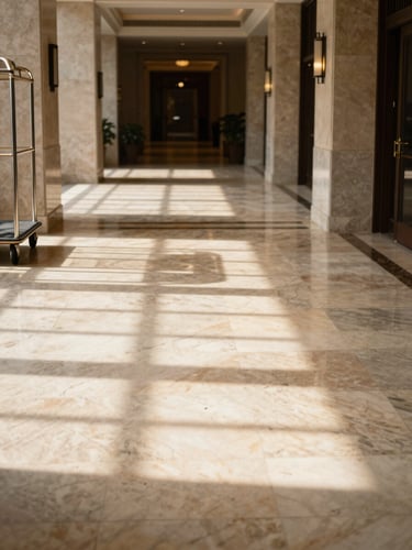 Wide environmental shot of a hotel lobby corridor in warm natural light, marble floors receding into depth, a service trolley visible at the far left edge, no people, architectural stillness