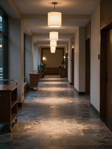 Wide environmental shot of a quiet hotel lobby corridor at dusk, warm pendant lights casting soft pools on polished stone floor, empty service cart to the left edge, deep perspective lines leading into shadow, available ambient light only, no people