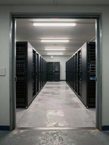 Wide-angle view through a reinforced steel doorway into an empty institutional data room, server racks in background, overhead fluorescent lighting casting hard shadows on brushed concrete floor, shot from low technical angle