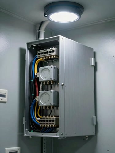 Close-up of a wall-mounted edge compute enclosure in an institutional mechanical room, exposed conduit and sensor cabling entering from the top, brushed aluminum chassis under a single overhead studio strobe, no people, sharp detail on terminal connectors