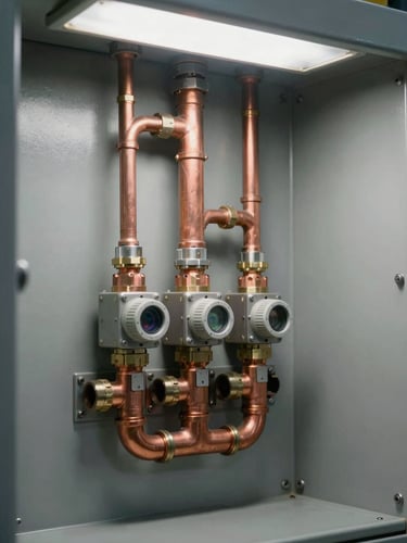 Close-up of an industrial HVAC junction panel in a mechanical room, copper pipe fittings and sensor wiring visible, overcast studio light from above, grey painted steel walls, no people