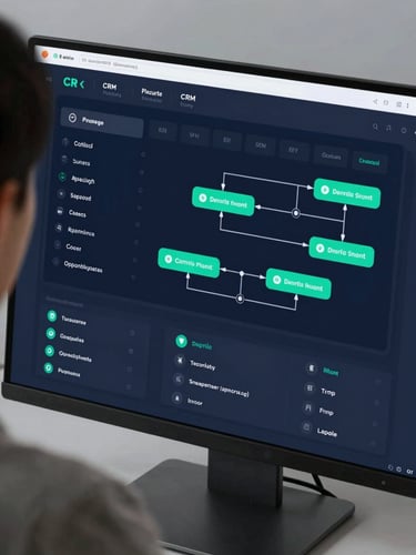 Close-up over-the-shoulder view of a clean software dashboard displaying secure CRM data pipelines, sharp focus, cool-toned daylight, professional technology setting