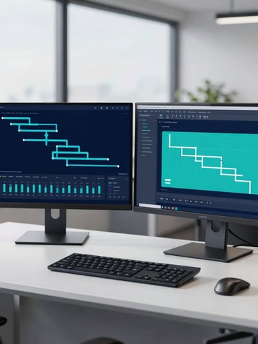 Sleek dual-monitor desk setup in a modern Australian office, crisp daylight, showing clean software dashboards with pipeline metrics, deep navy accents, 35mm