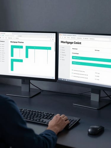 Sleek technology photography, over-the-shoulder view of a clean dual-monitor setup showing mortgage CRM pipelines and automated dashboards, cool-toned crisp daylight, 35mm