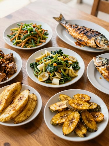 Top-down flat lay of fresh Gabonese dishes, including plantains and grilled fish, served on a modern wooden table, bright natural daylight, warm gold tones, vibrant food photography, 35mm.