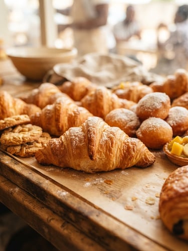 Close-up macro shot of freshly baked golden croissants and local Gabonese pastries on a clean counter, warm natural daylight, shallow depth of field, appetizing