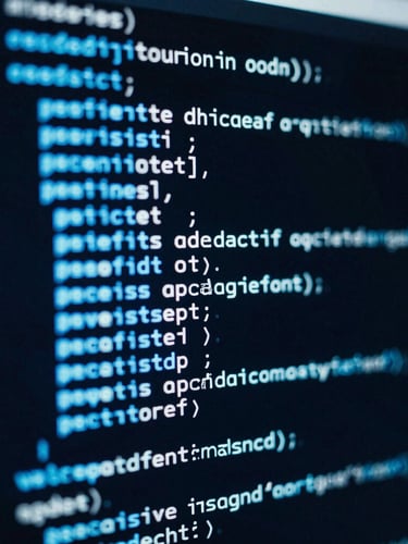 Macro close-up of a high-contrast code terminal displaying SQL queries and marketing attribution scripts, electric blue neon highlights, dark background, 35mm