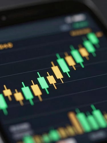 Close-up macro shot of a sleek mobile trading interface displaying a gold candlestick chart, with glowing emerald green data points and gold accents, reflecting high-contrast studio lighting, shallow depth of field.