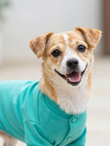 Close-up of a happy small dog wearing a vibrant teal cotton shirt, bright natural daylight, soft focus background