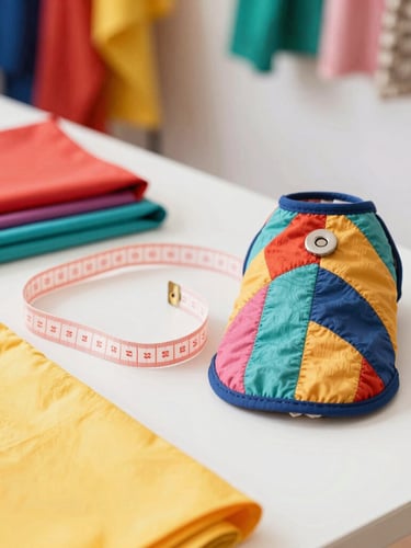A colorful tailoring workshop in Celaya with bright fabrics, a measuring tape next to a finished small dog vest, warm daylight