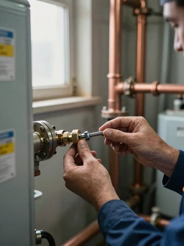 Close-up of a technician's hands tightening a fitting on a gas furnace in a basement mechanical room, natural diffused light from a small window, tool visible in right hand, aged copper pipes in background
