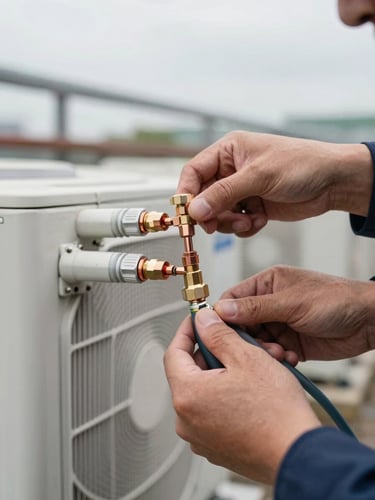 Close-up of a technician's hands securing refrigerant line connections on an outdoor AC condenser unit, copper fittings and insulated tubing in sharp focus, soft overcast daylight, no faces visible